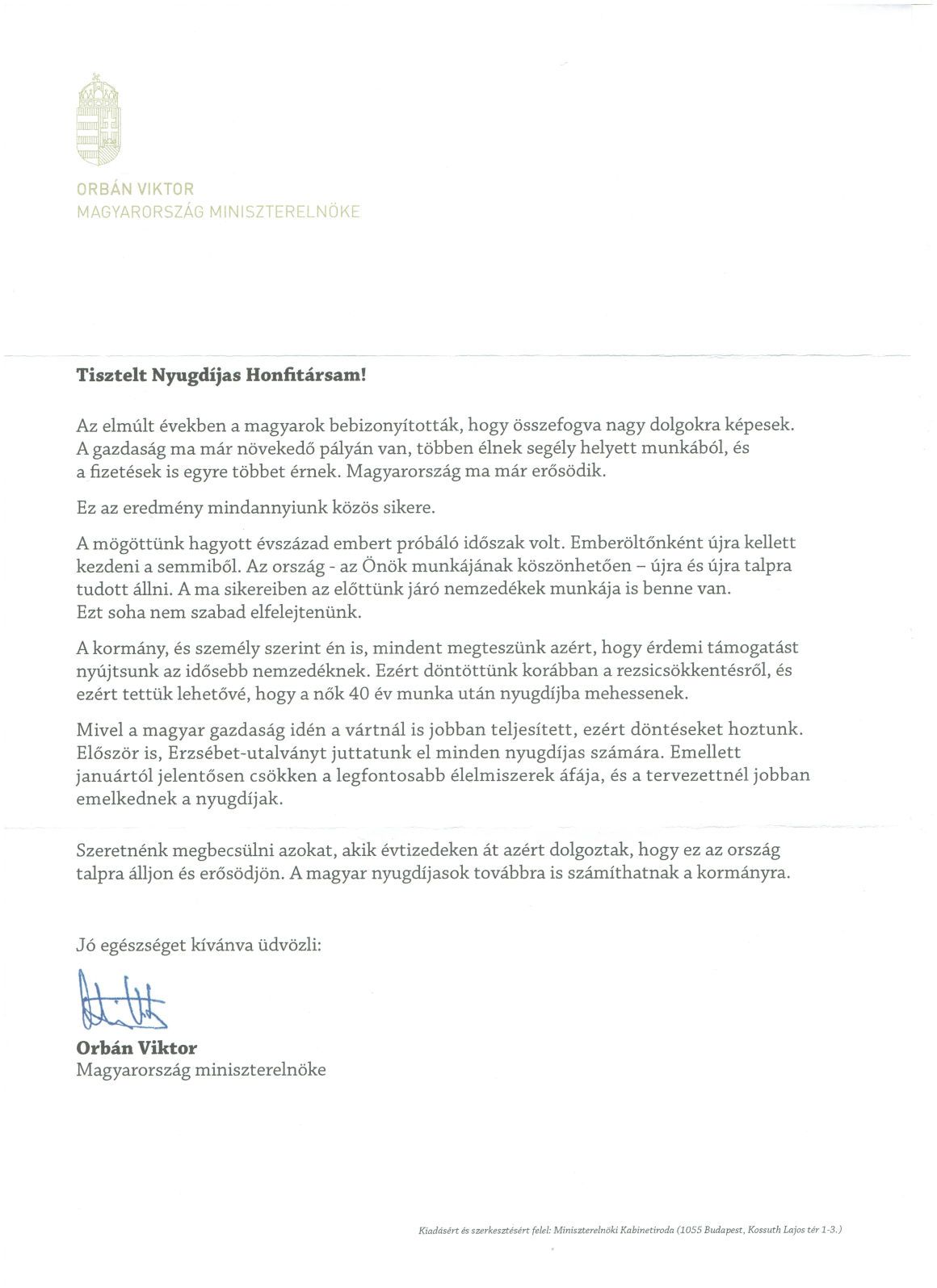 Íme Orbán levele – ezt küldte a nyugdíjasoknak