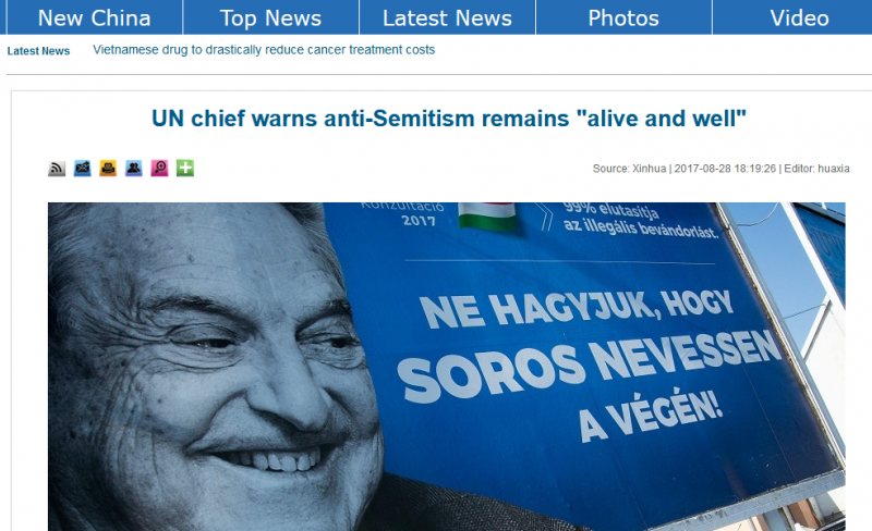 Soros-plakáttal illusztrált egy antiszemitizmusról szóló hírt a kínai állami hírügynökség 