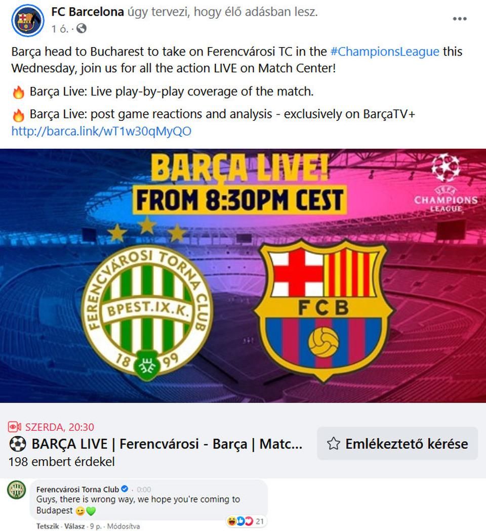 Kínos: Az FC Barcelona csapata Bukarestbe indulna játszani a Fradi ellen
