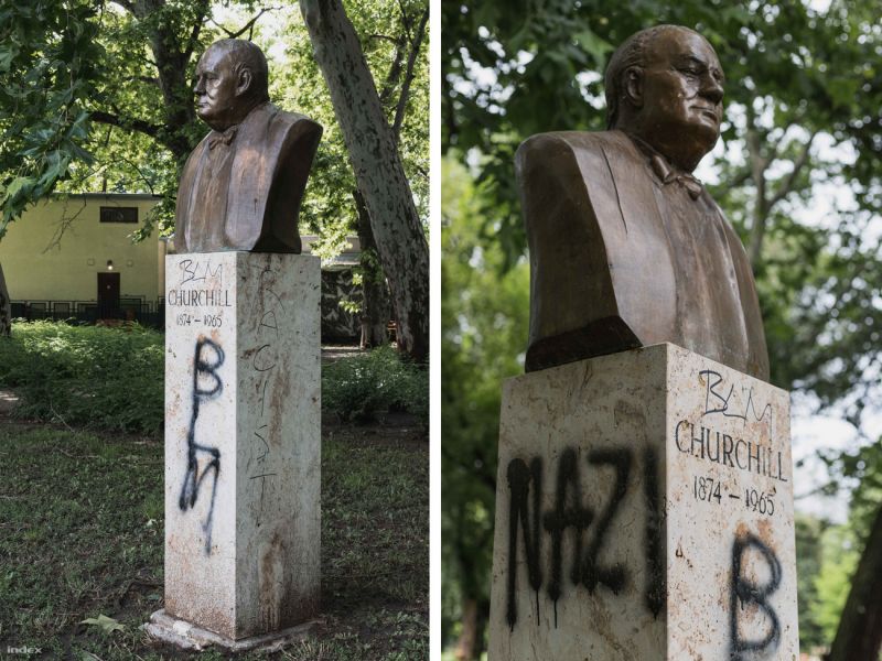 Náci-felirattal rongálták meg a náci Németországot legyőző Churchill szobrát a Városligetben
