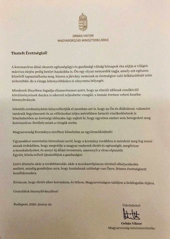 Orbán Viktor levelét is megkapják bizonyítványuk mellé az érettségizők – egy buzgó iskolaigazgató már közzé is tette