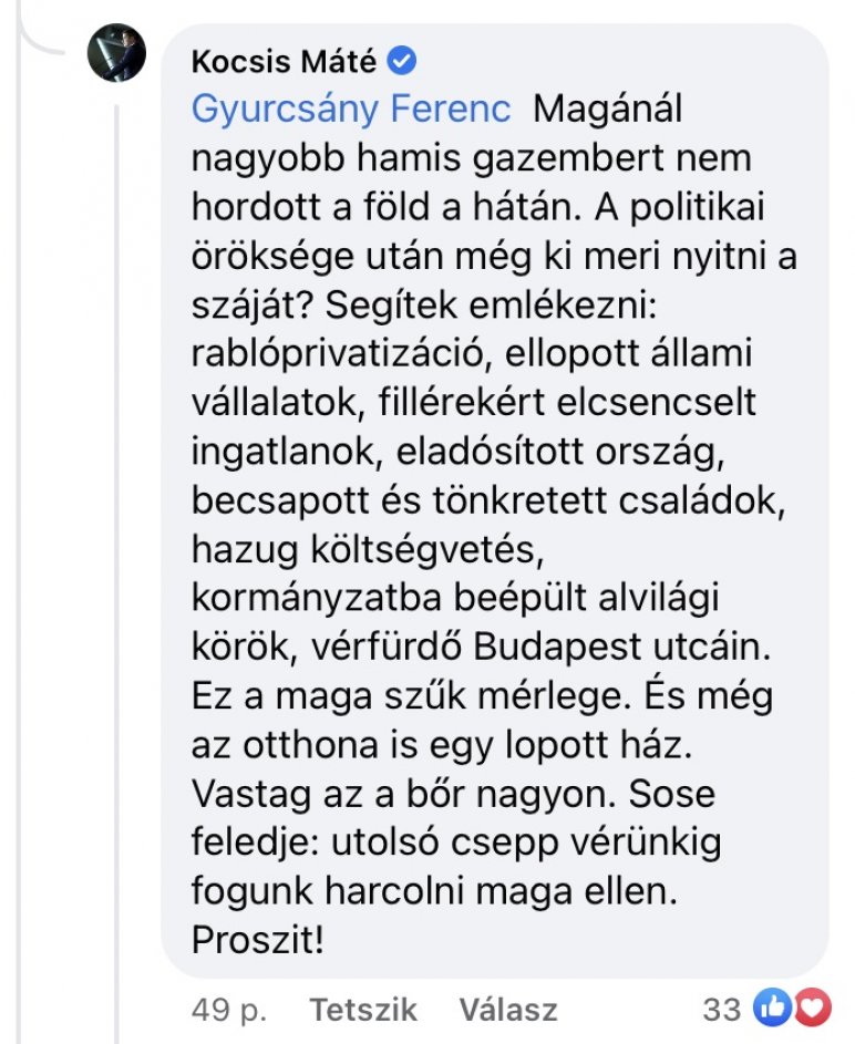 Kocsis Máté üzent Gyurcsánynak Orbán posztja alatt: "Sose feledje: utolsó csepp vérünkig fogunk harcolni maga ellen."