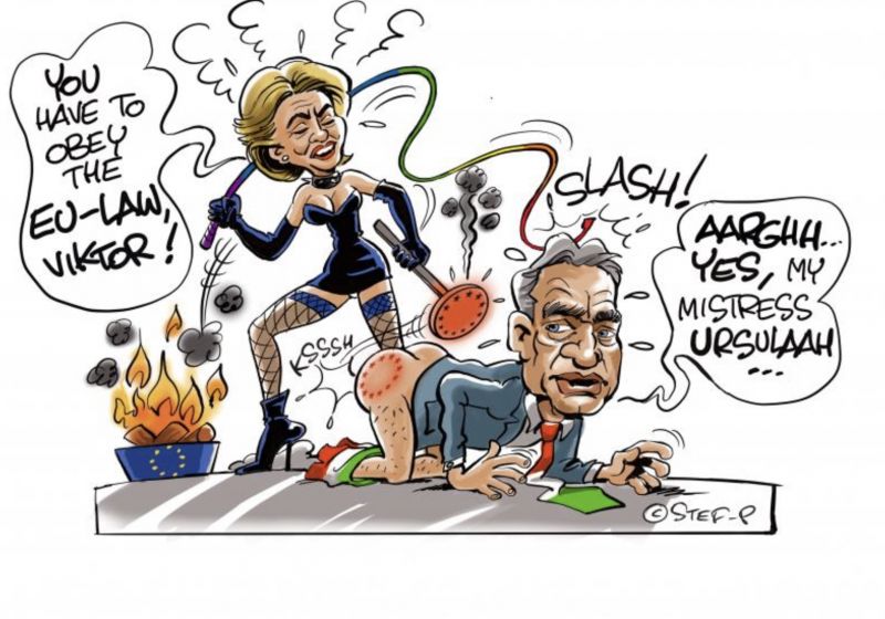 Ez az eddigi legdurvább Orbán karikatúra – Ursula Von Der Leyen BDSM szerszelésben alázza meg a miniszterelnököt 