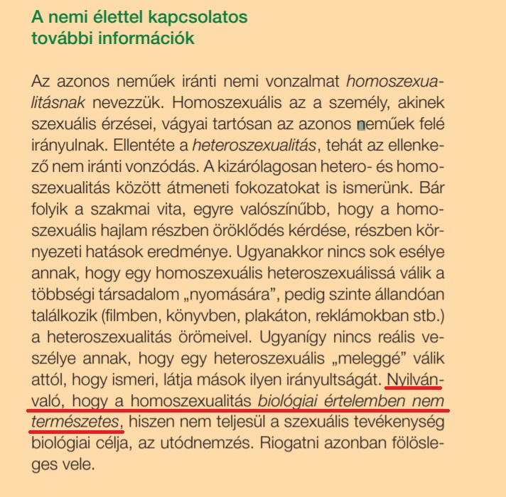 A nyolcadikos biológia-tankönyv azt állítja: a homoszexualitás természetellenes 