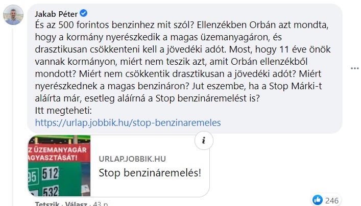 Jakab Péter olyat kommentelt Orbán Viktor autópályás Facebook-posztjához, hogy az mindent vitt