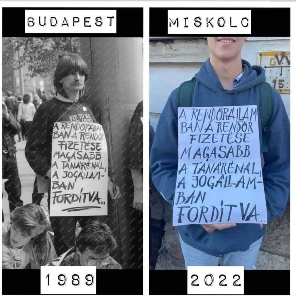 Kövér László 33 éves plakátjával tüntetett egy diák Miskolcon