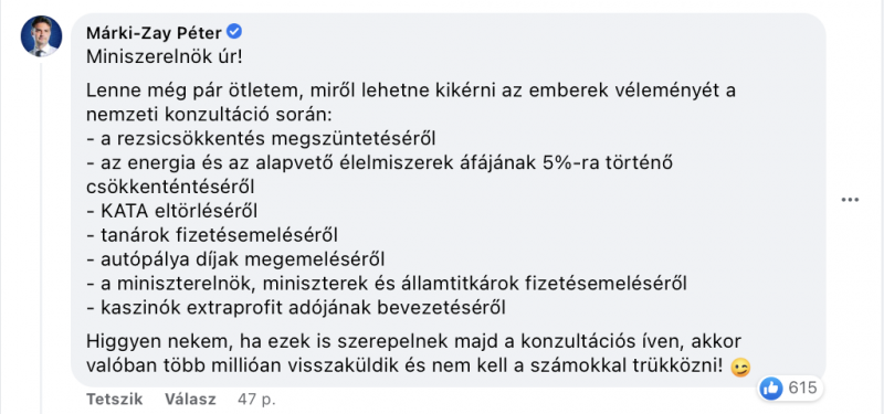 Márki-Zay összegyűjtötte és megírta Orbánnak, miről lehetne még a nemzeti konzultáción kikérni az emberek véleményét