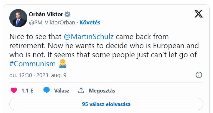 Orbán Viktor nagyon laza lett: Ezzel az emojival reagált az őt kritizáló Martin Schulznak 